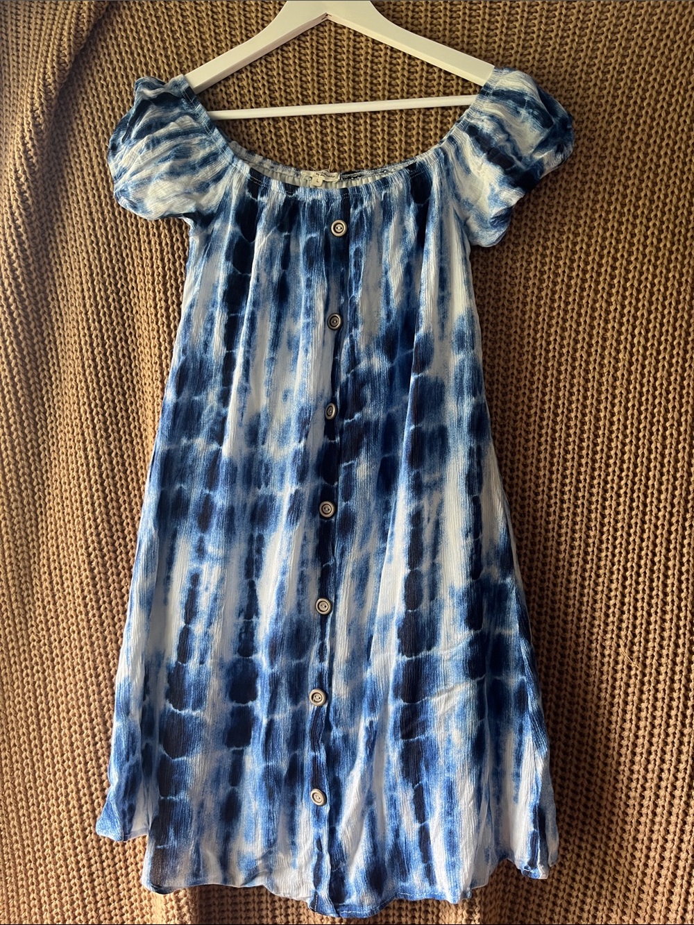 Tie-Dye Blue Midi Dress with Button Front